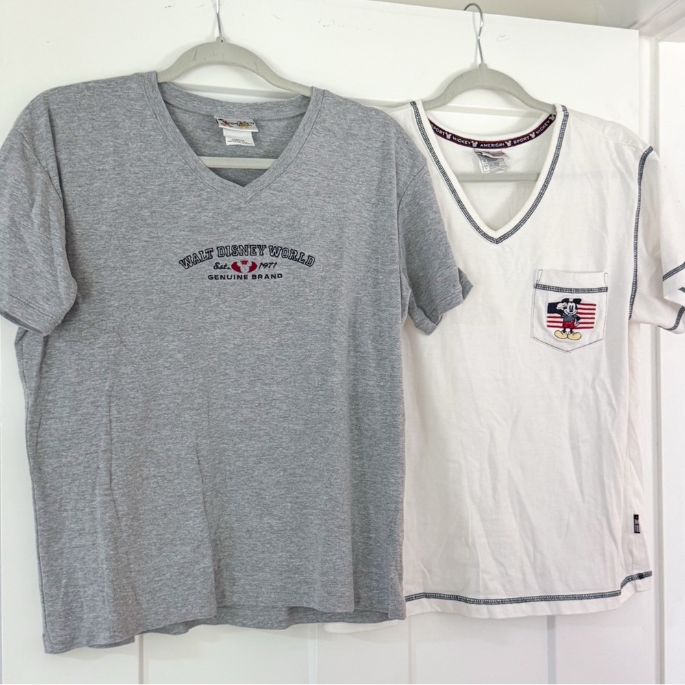 Lot of 2 Vintage Y2K Disney Embroidered Gray and White V-Neck T-Shirts